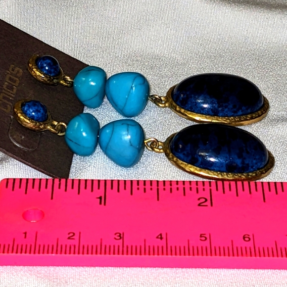 NEW Chicos Gold Turquoise & Blue Lapis Dangle Pierced Earrings - Picture 5 of 10